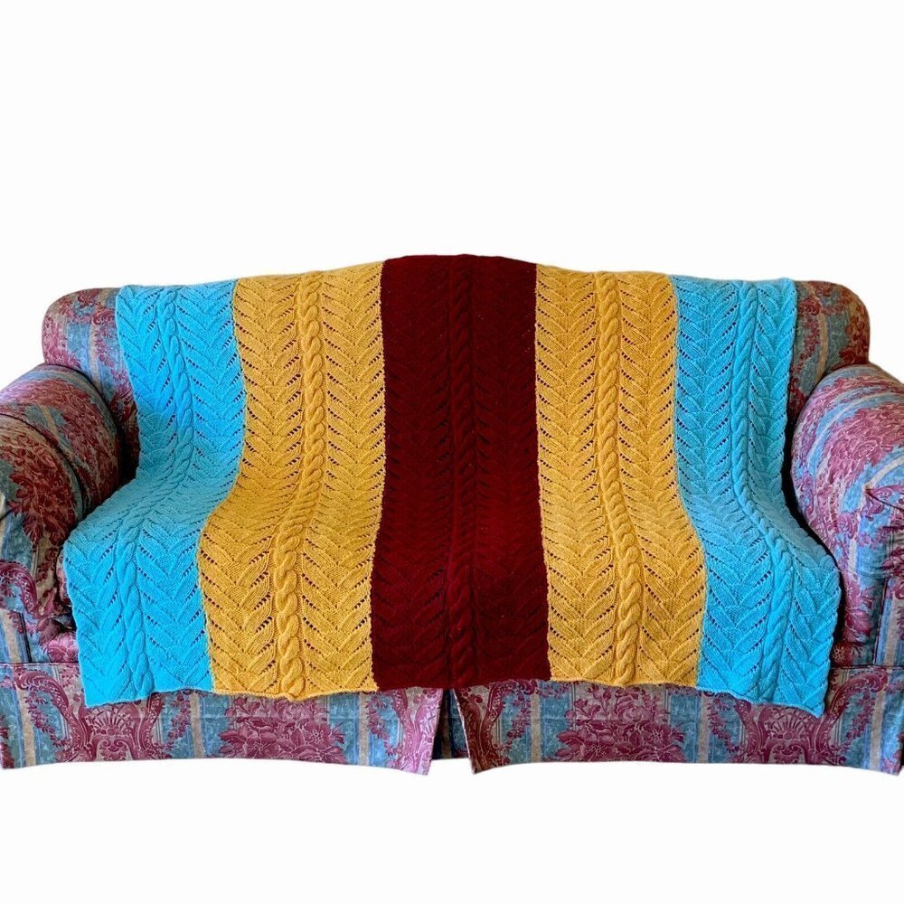 Afghan Chevron Handmade Large Throw Blanket Yellow Burgundy Aqua 58”x63”​​​​​​